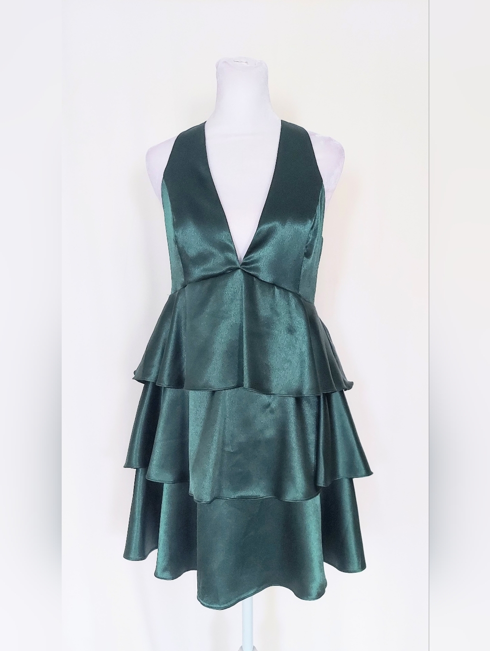 LULUS Emerald Green Tiers of Joy Satin Tie-Back Tiered Mini Dress Large